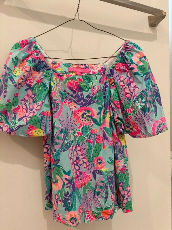 Lilly Pulitzer Bright Floral Puff-Sleeve Top in Aqua - Picture 1 of 3